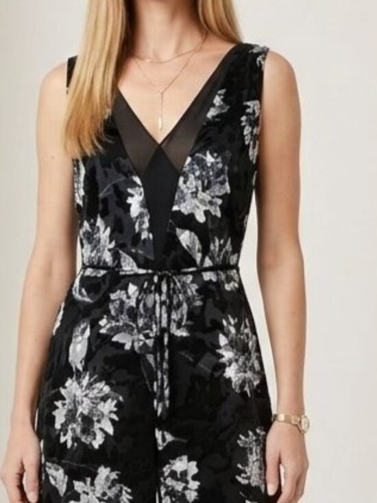 WHBM White House Black Market Avery Floral Black Burnout Jumpsuit 6 - Picture 2 of 11